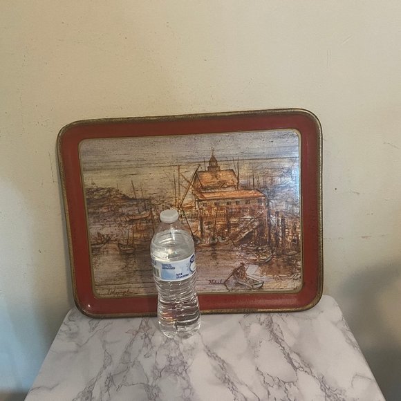 Vtg Italian Florentine Chippy Tray with Edna Hibel Decoupage Seascape - Picture 10 of 12